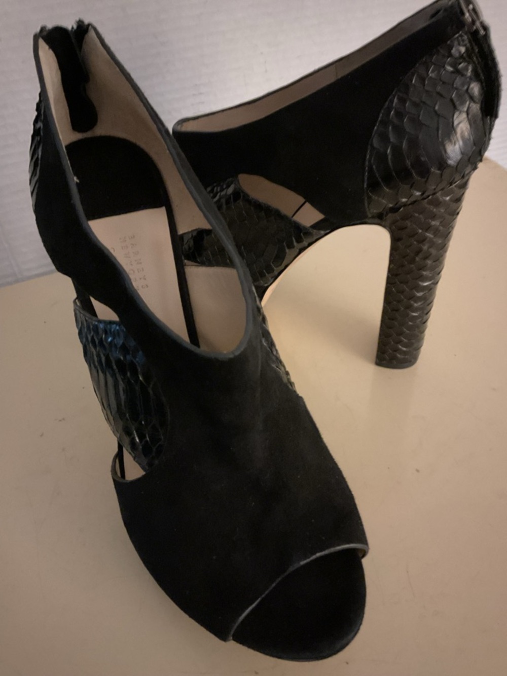 Barneys New York women Black Suede & Textured Leather Platforms heel sandals six
